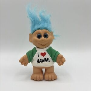 Vintage 1992 HYI 5" troll doll Blue Hair Blue Eyes I Love Hawaii Green Shirt